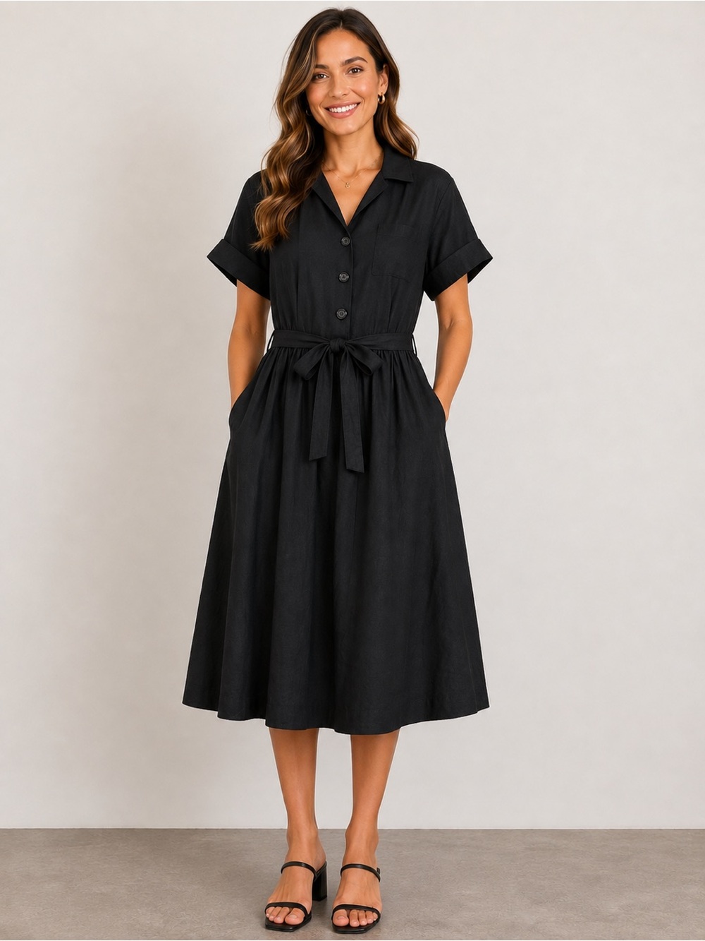 Maggy London Black 100% Linen Short Sleeve Tie-Waist Button-Front Midi Dress 14